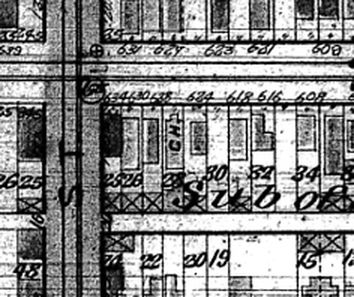 Feuerwehrkarte von 1896 mit dem Kirchengebäude der FGAC - CH bedeutete "Church"