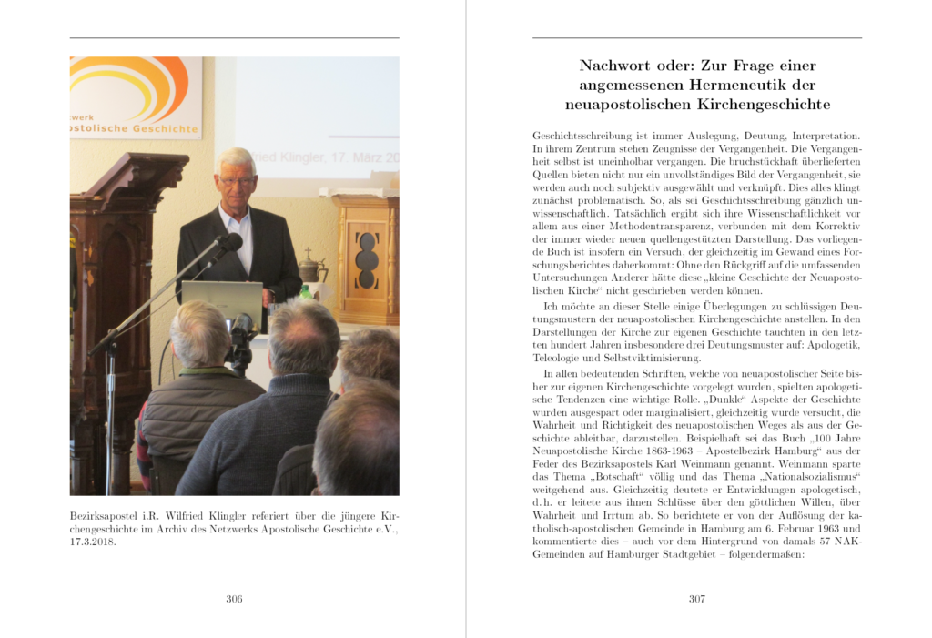 Doppelseite aus dem Buch "Kleine Geschichte der Neuapostolischen Kirche" von Dominik Schmolz.